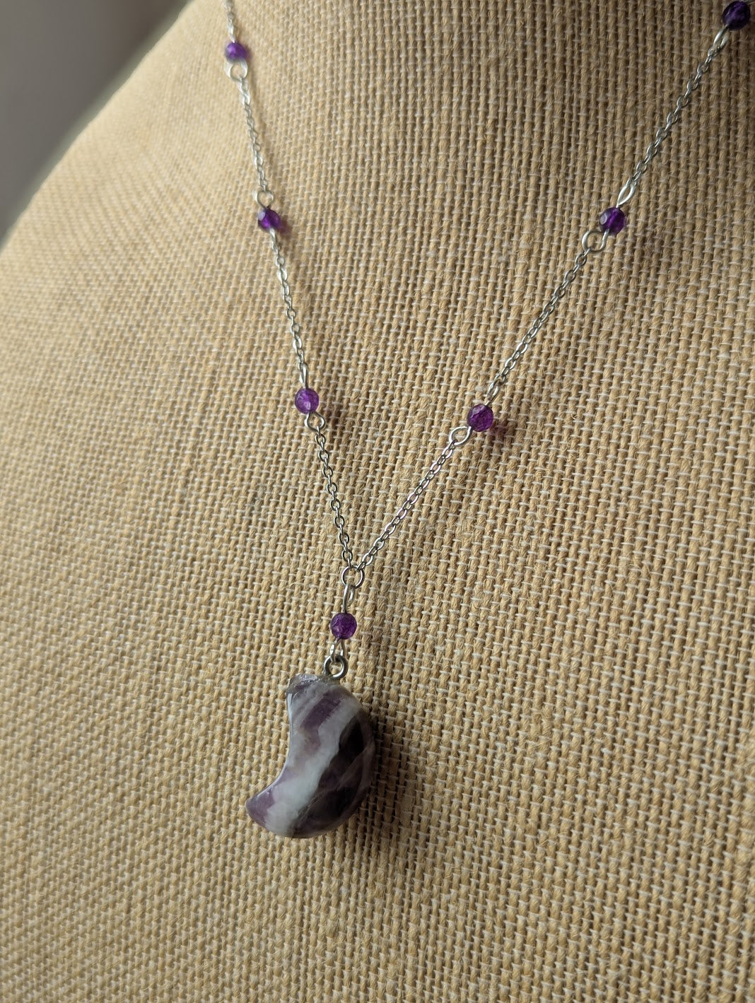Amethyst Crescent Moon Beaded Silver Necklace