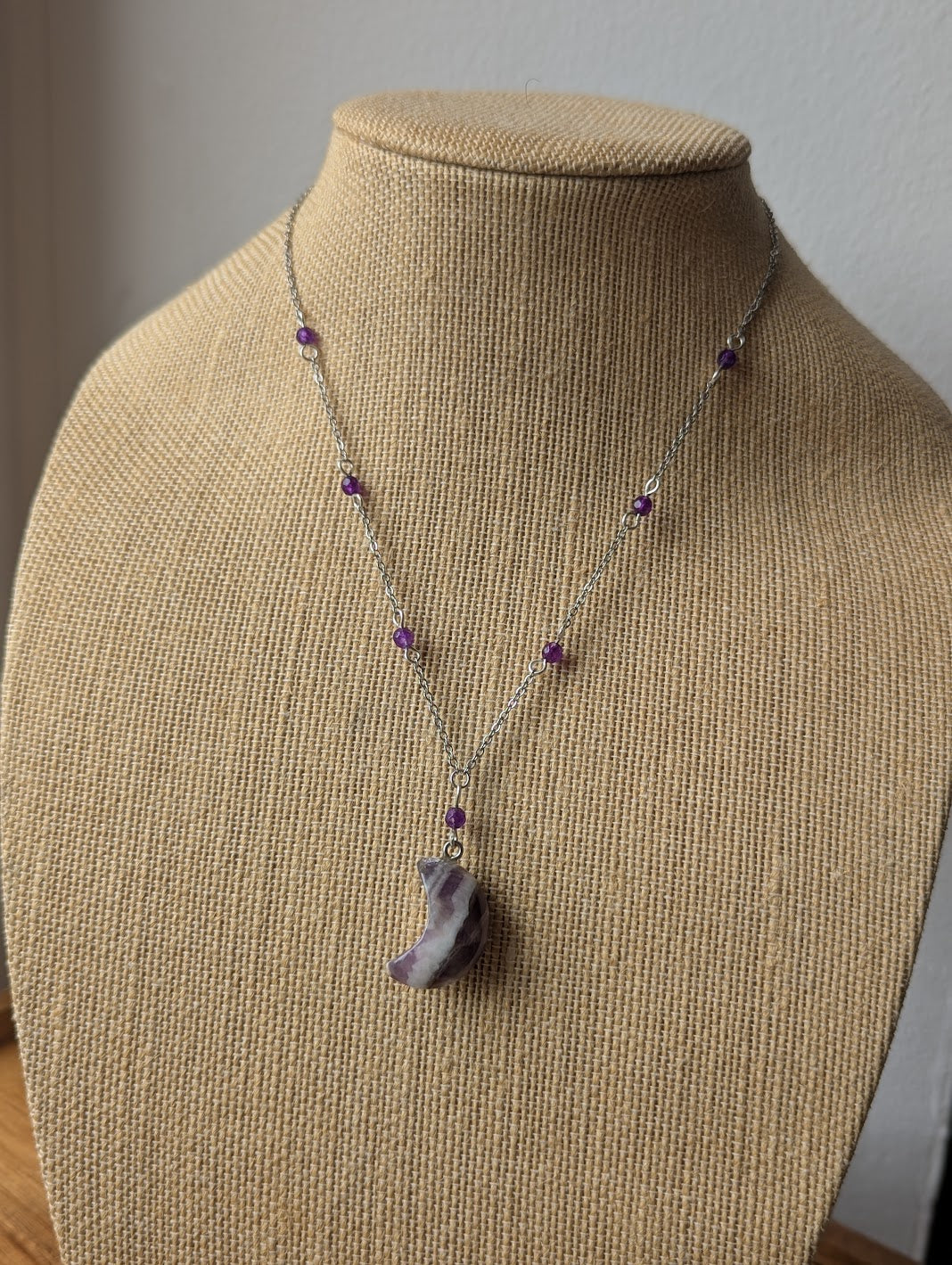 Amethyst Crescent Moon Beaded Silver Necklace