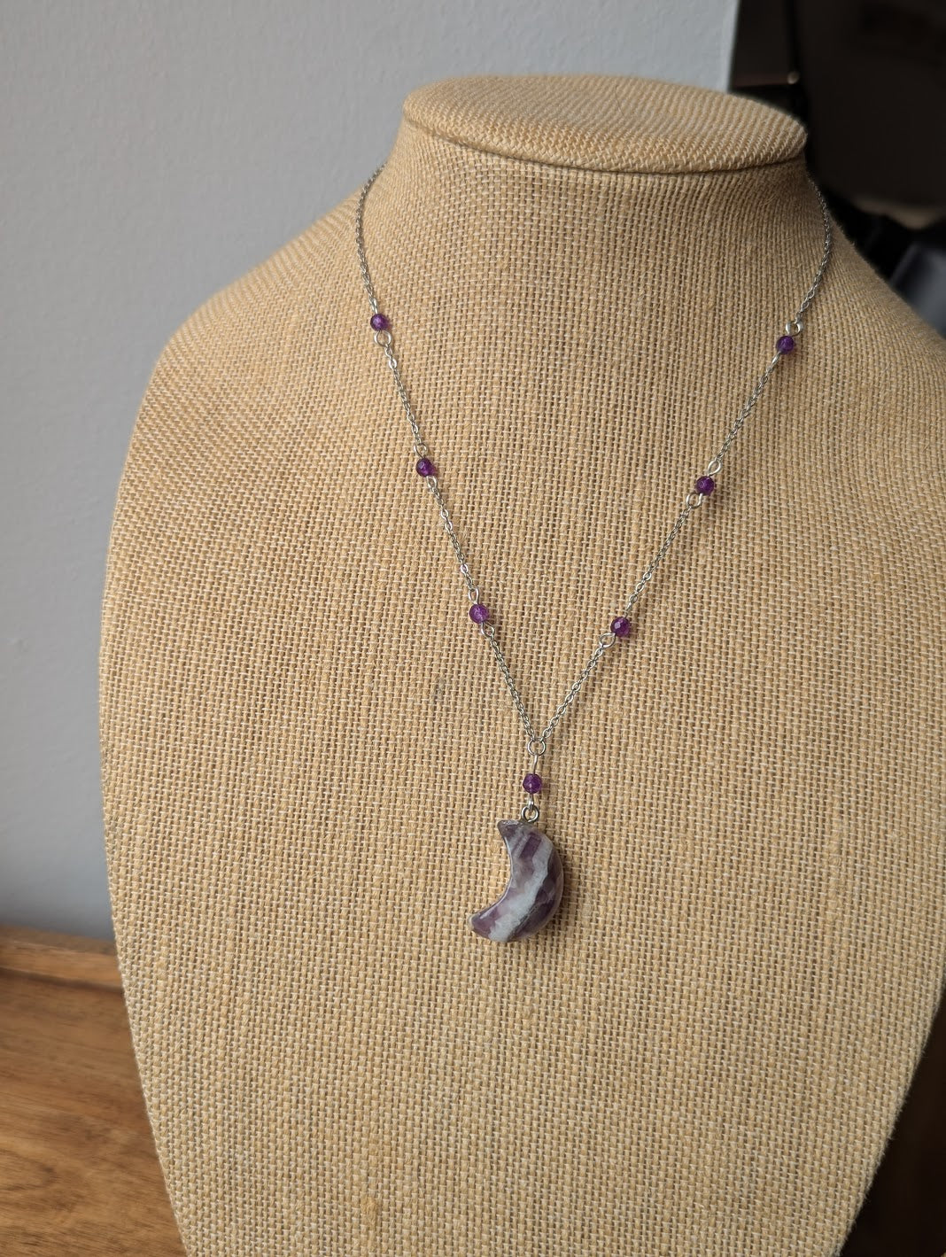 Amethyst Crescent Moon Beaded Silver Necklace