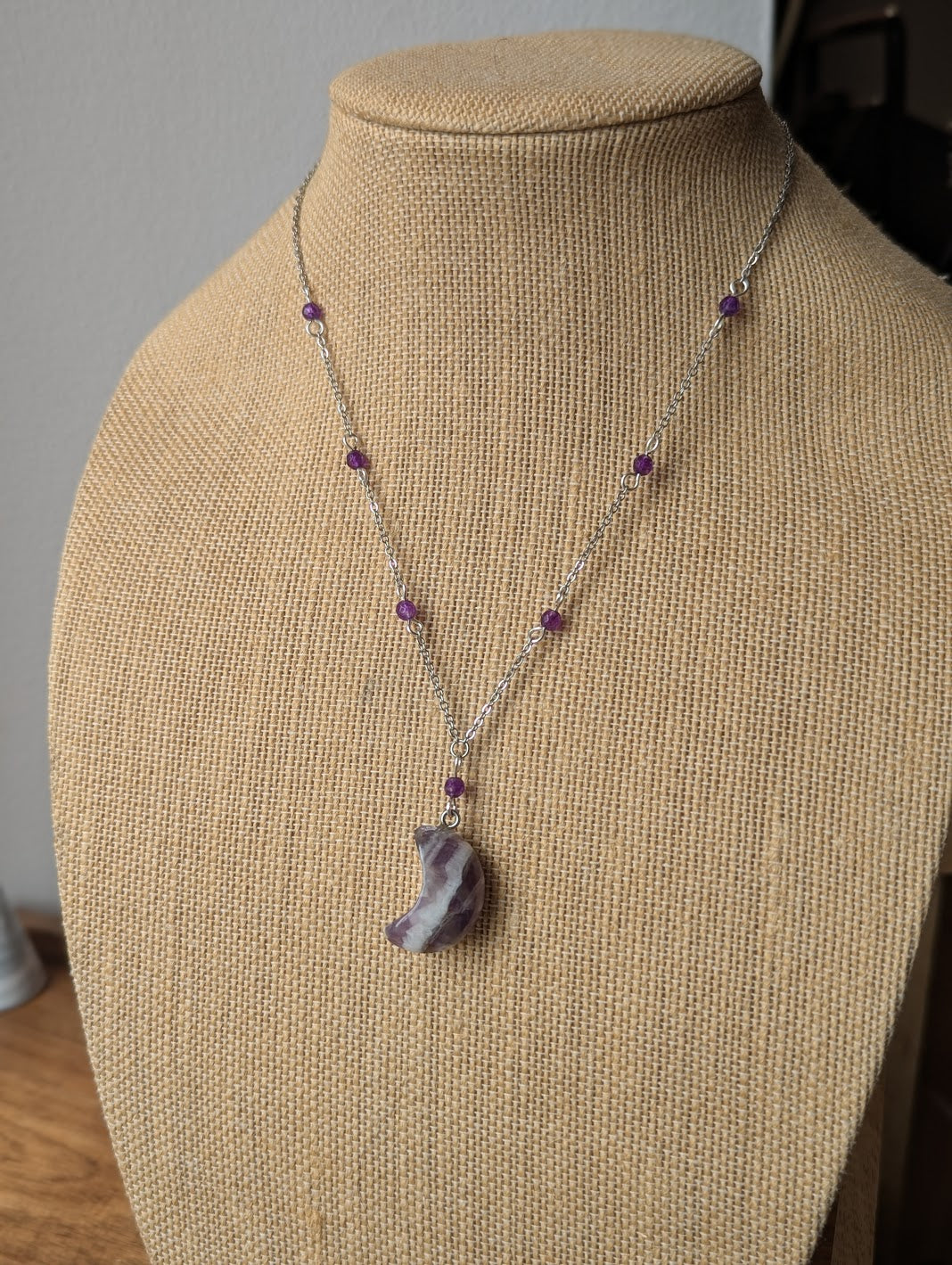 Amethyst Crescent Moon Beaded Silver Necklace