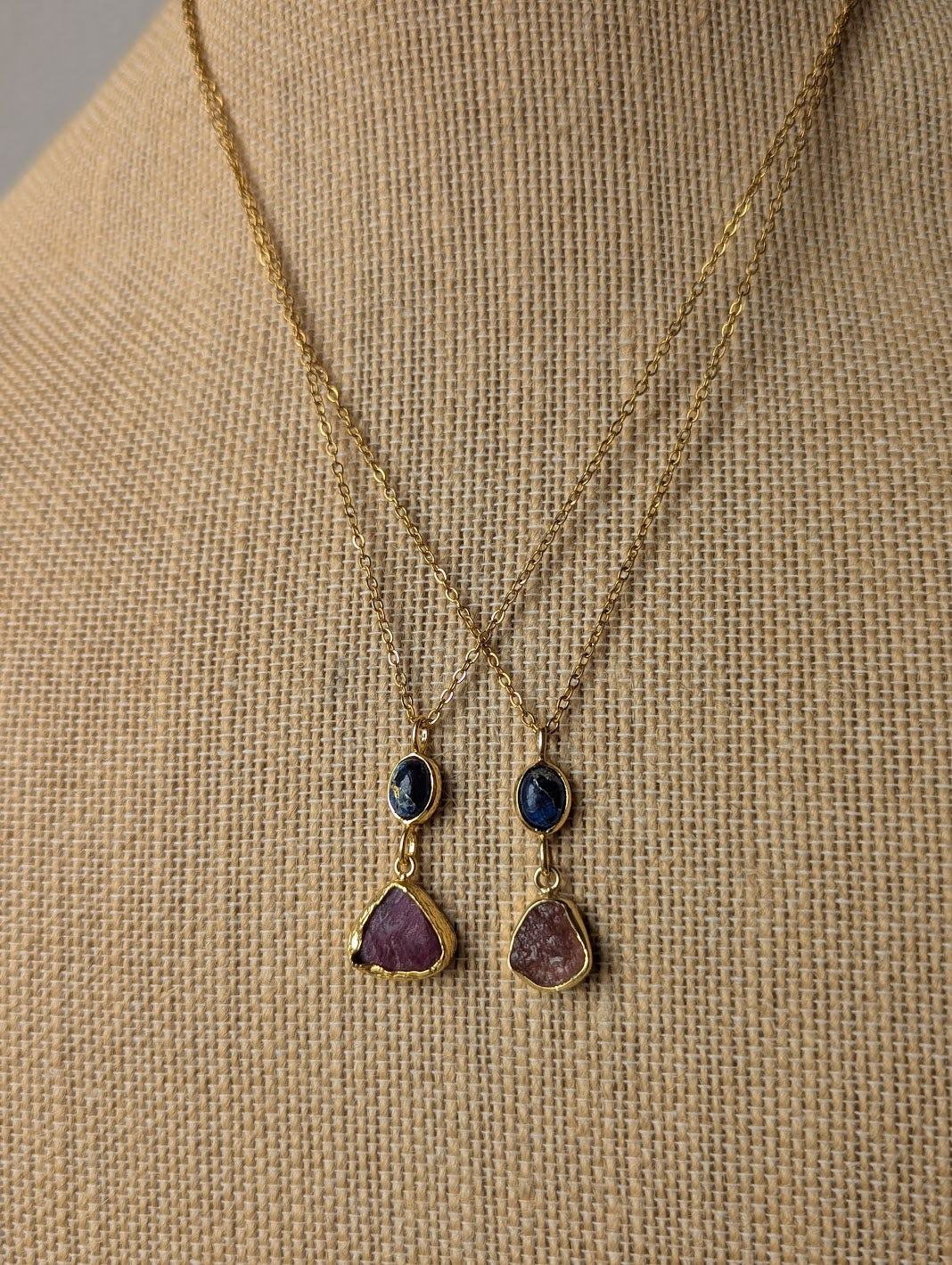 Blue Sea Sediment and Pink Tourmaline Duo Gold Necklace