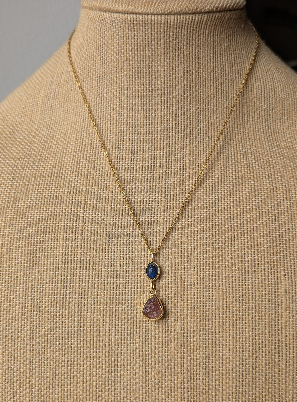 Blue Sea Sediment and Pink Tourmaline Duo Gold Necklace