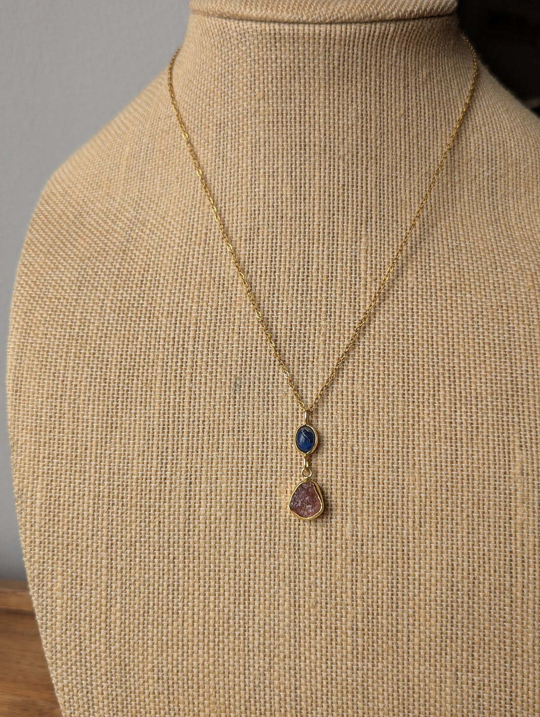 Blue Sea Sediment and Pink Tourmaline Duo Gold Necklace