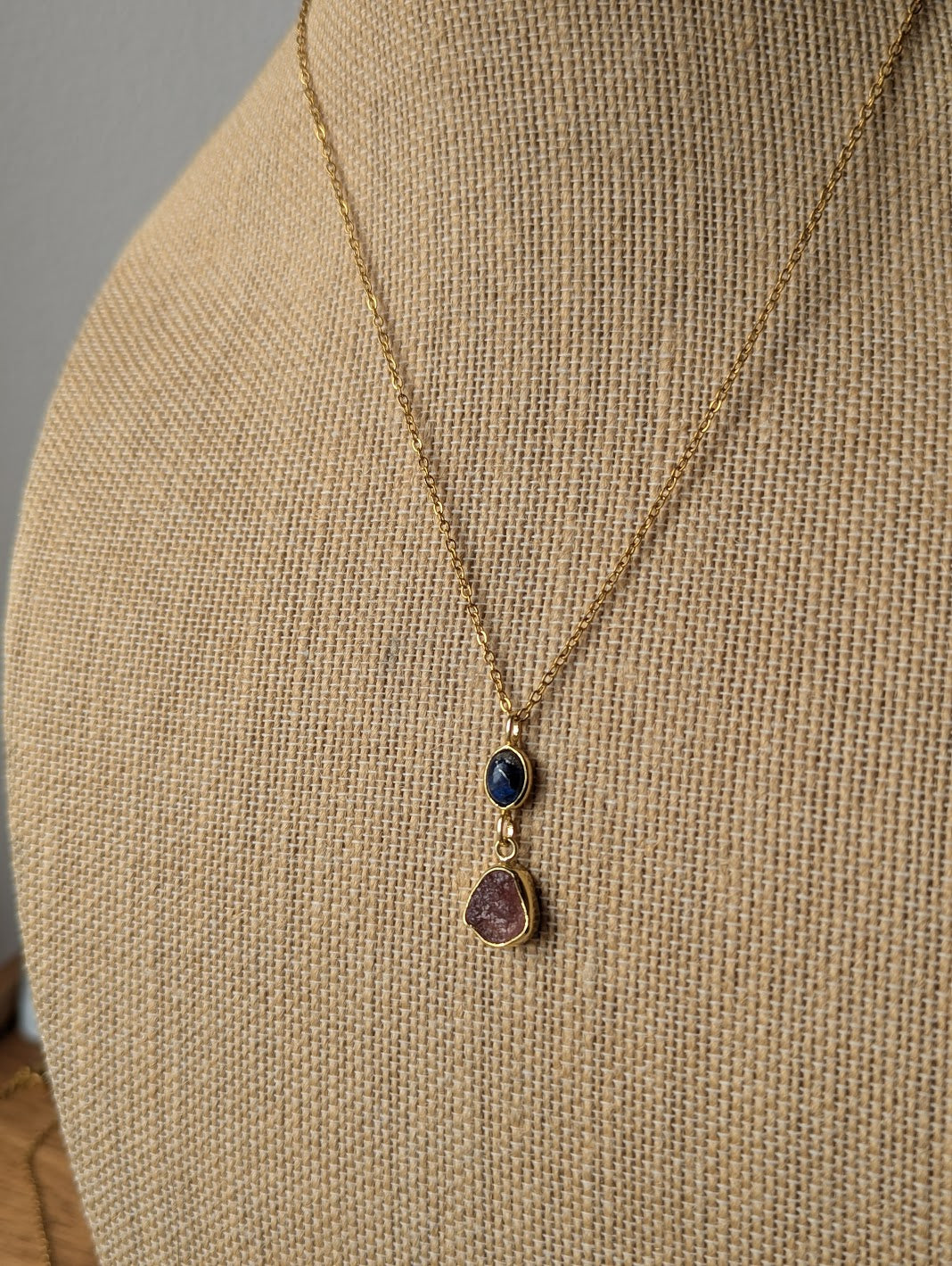 Blue Sea Sediment and Pink Tourmaline Duo Gold Necklace