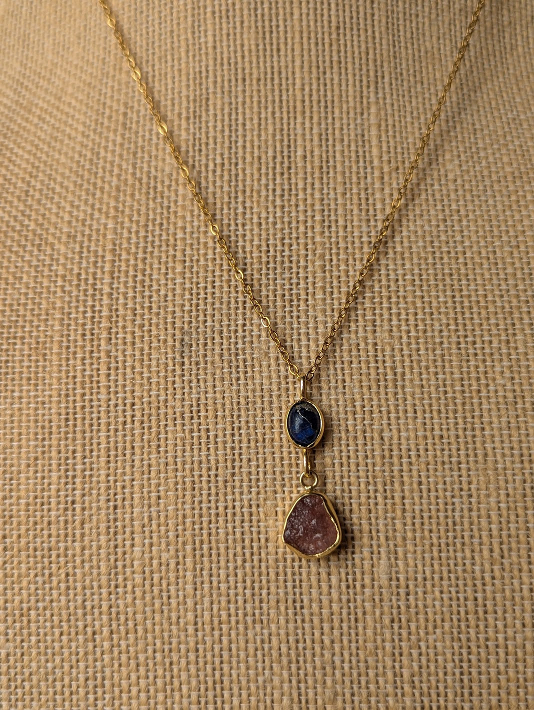 Blue Sea Sediment and Pink Tourmaline Duo Gold Necklace
