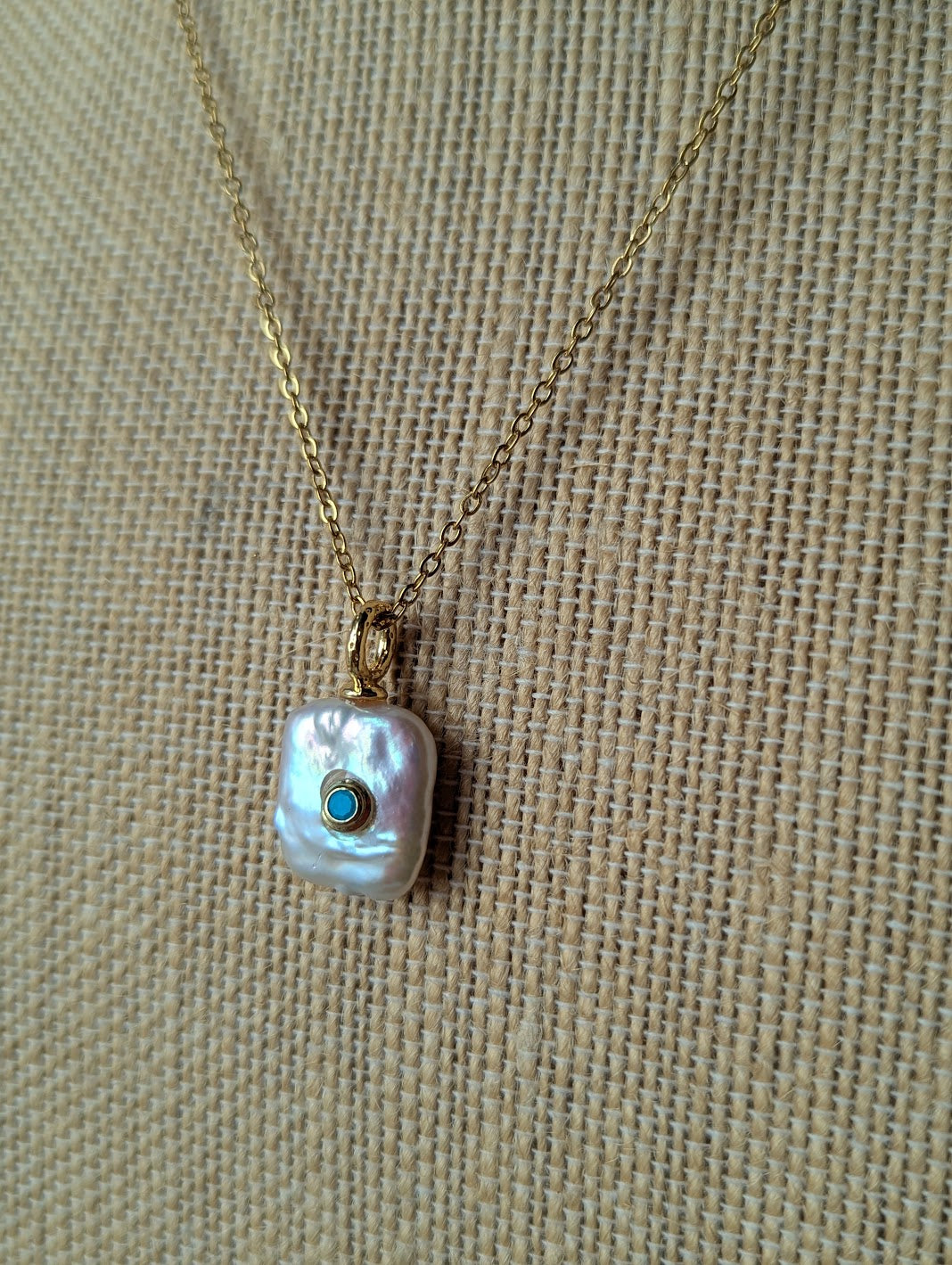 Freshwater Pearl and Turquoise Gold Necklace