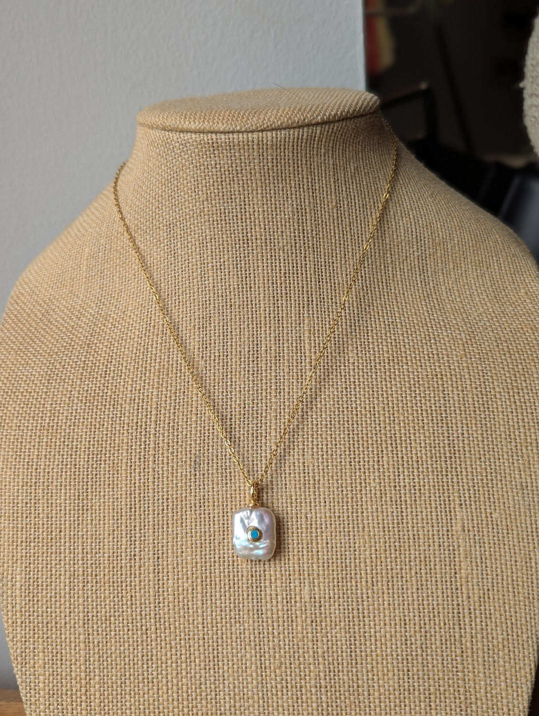 Freshwater Pearl and Turquoise Gold Necklace