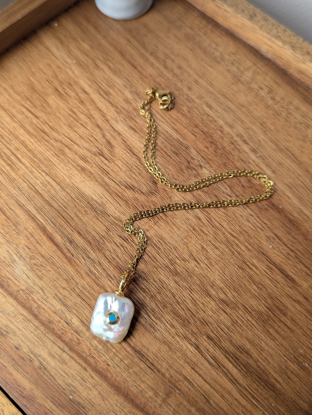 Freshwater Pearl and Turquoise Gold Necklace