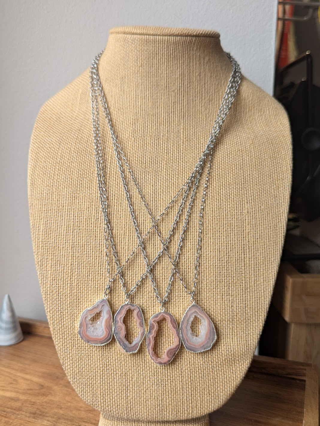 Pink Botswana Agate Slice Silver Long Necklace (Various Options Available)