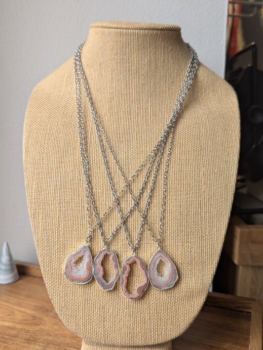 Pink Botswana Agate Slice Silver Long Necklace (Various Options Available)
