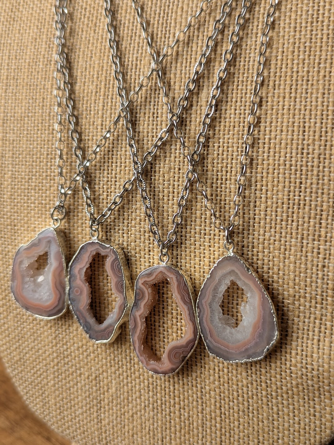 Pink Botswana Agate Slice Silver Long Necklace (Various Options Available)
