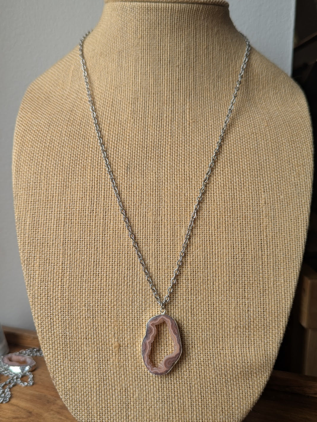 Pink Botswana Agate Slice Silver Long Necklace (Various Options Available)