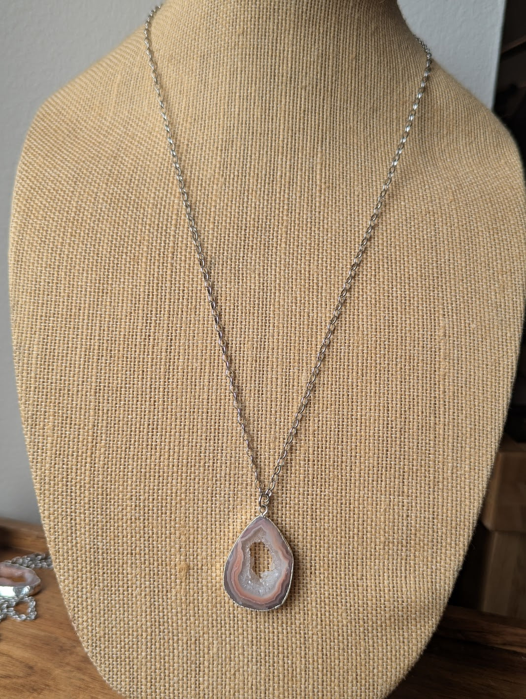 Pink Botswana Agate Slice Silver Long Necklace (Various Options Available)