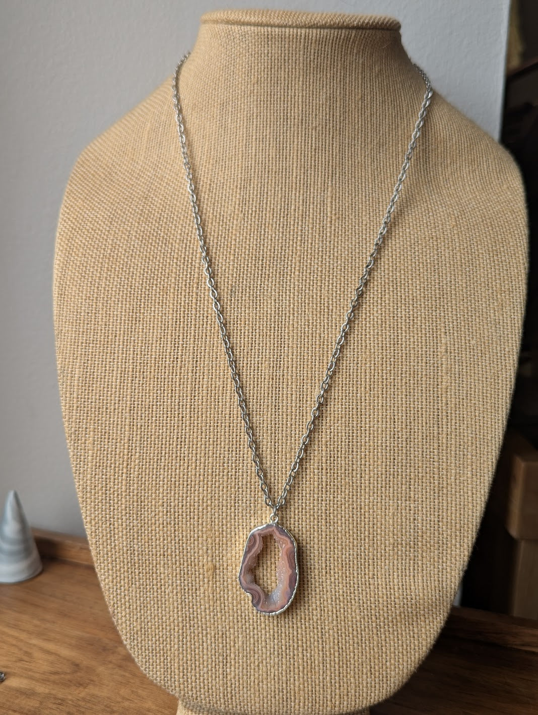 Pink Botswana Agate Slice Silver Long Necklace (Various Options Available)