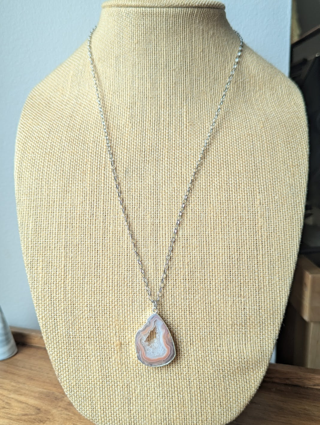 Pink Botswana Agate Slice Silver Long Necklace (Various Options Available)