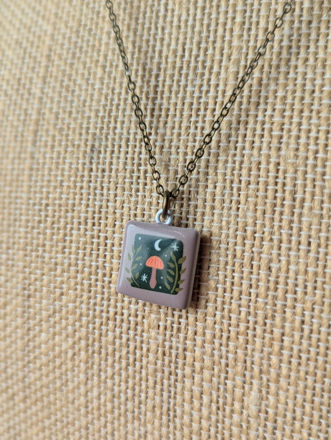 Mushroom Woodland Ceramic Tile Brass Necklace