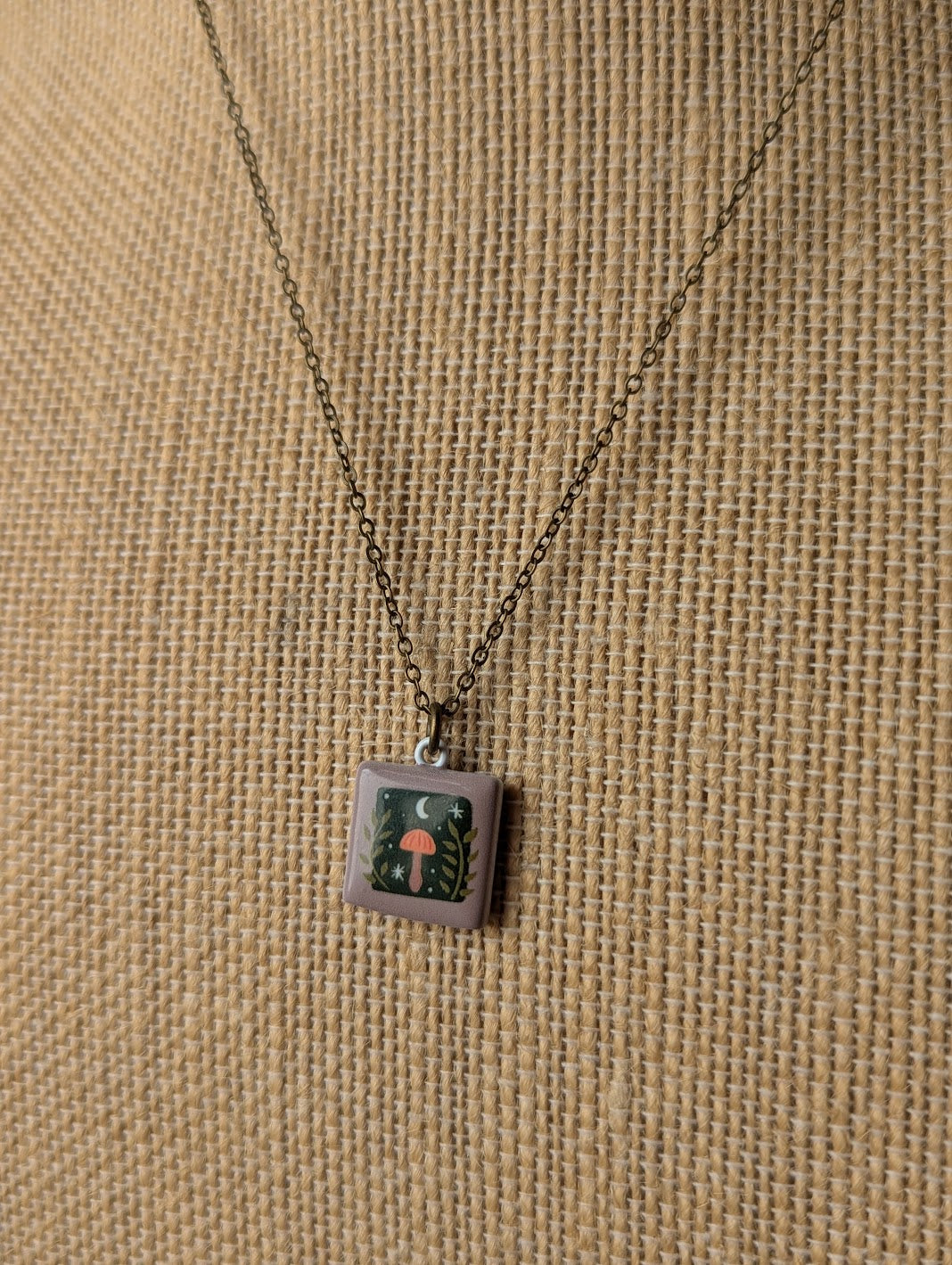 Mushroom Woodland Ceramic Tile Brass Necklace