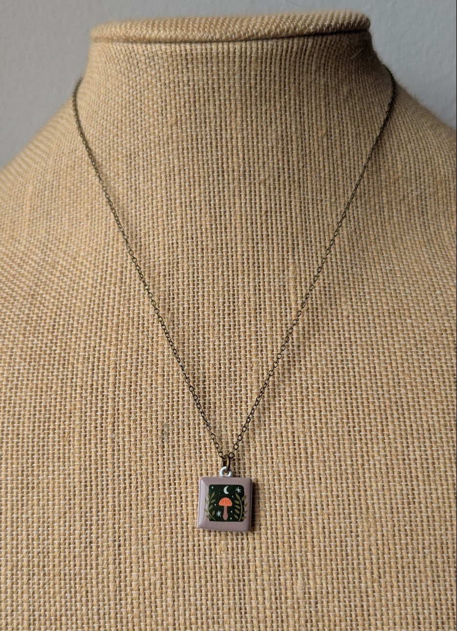 Mushroom Woodland Ceramic Tile Brass Necklace
