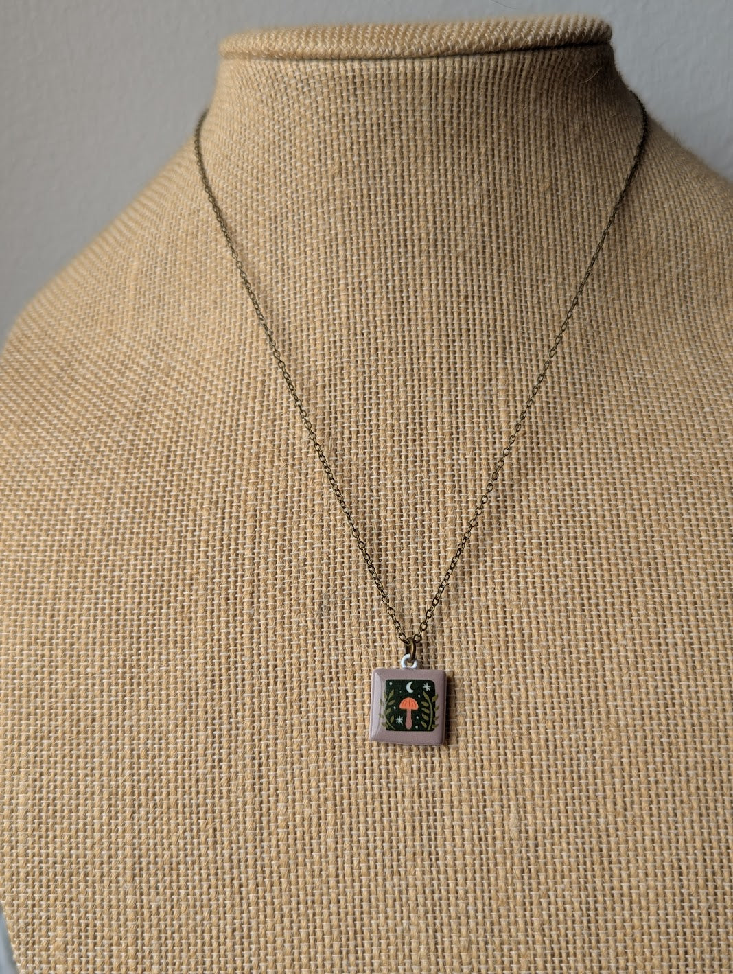 Mushroom Woodland Ceramic Tile Brass Necklace
