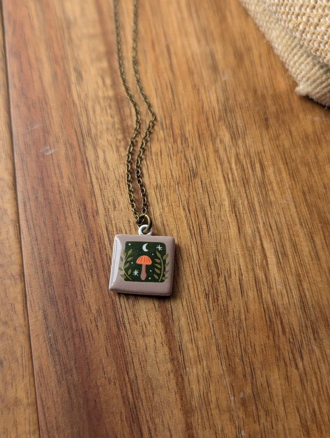 Mushroom Woodland Ceramic Tile Brass Necklace