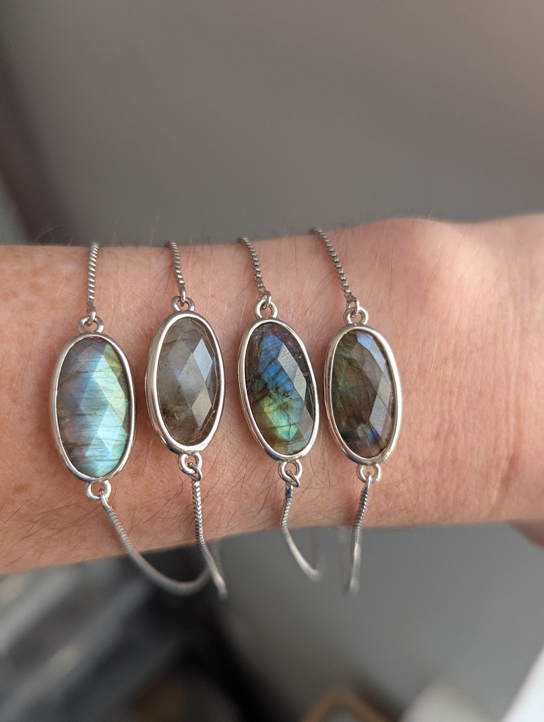 Faceted Labradorite Oval Silver Slider Bracelet