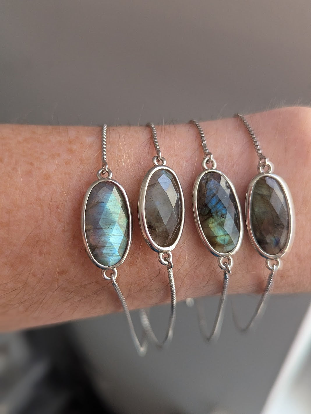 Faceted Labradorite Oval Silver Slider Bracelet