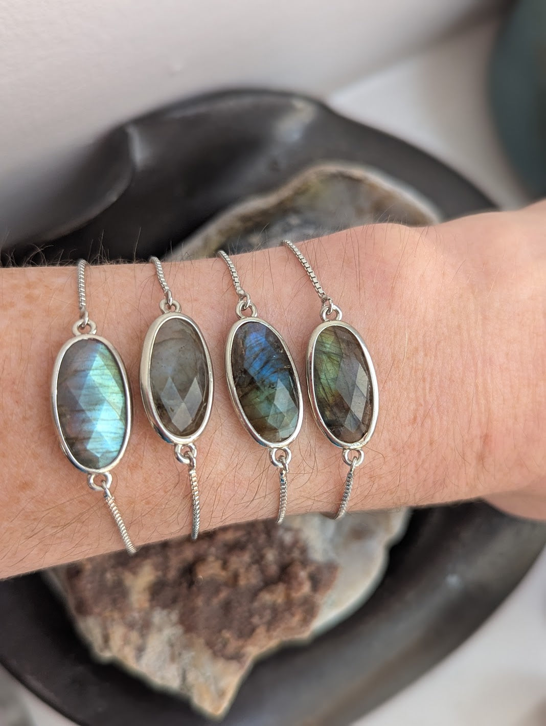 Faceted Labradorite Oval Silver Slider Bracelet