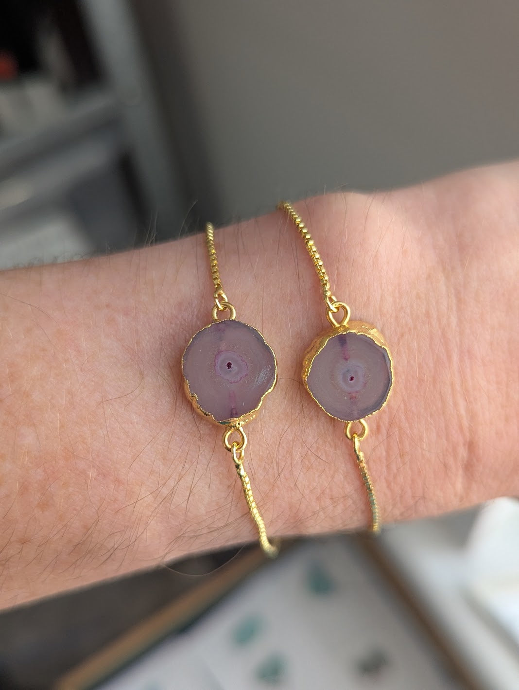 Light Pink Agate Slice Gold Slider Bracelet