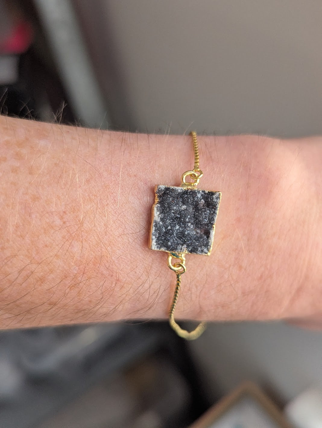Black Druzy Square Gold Slider Bracelet