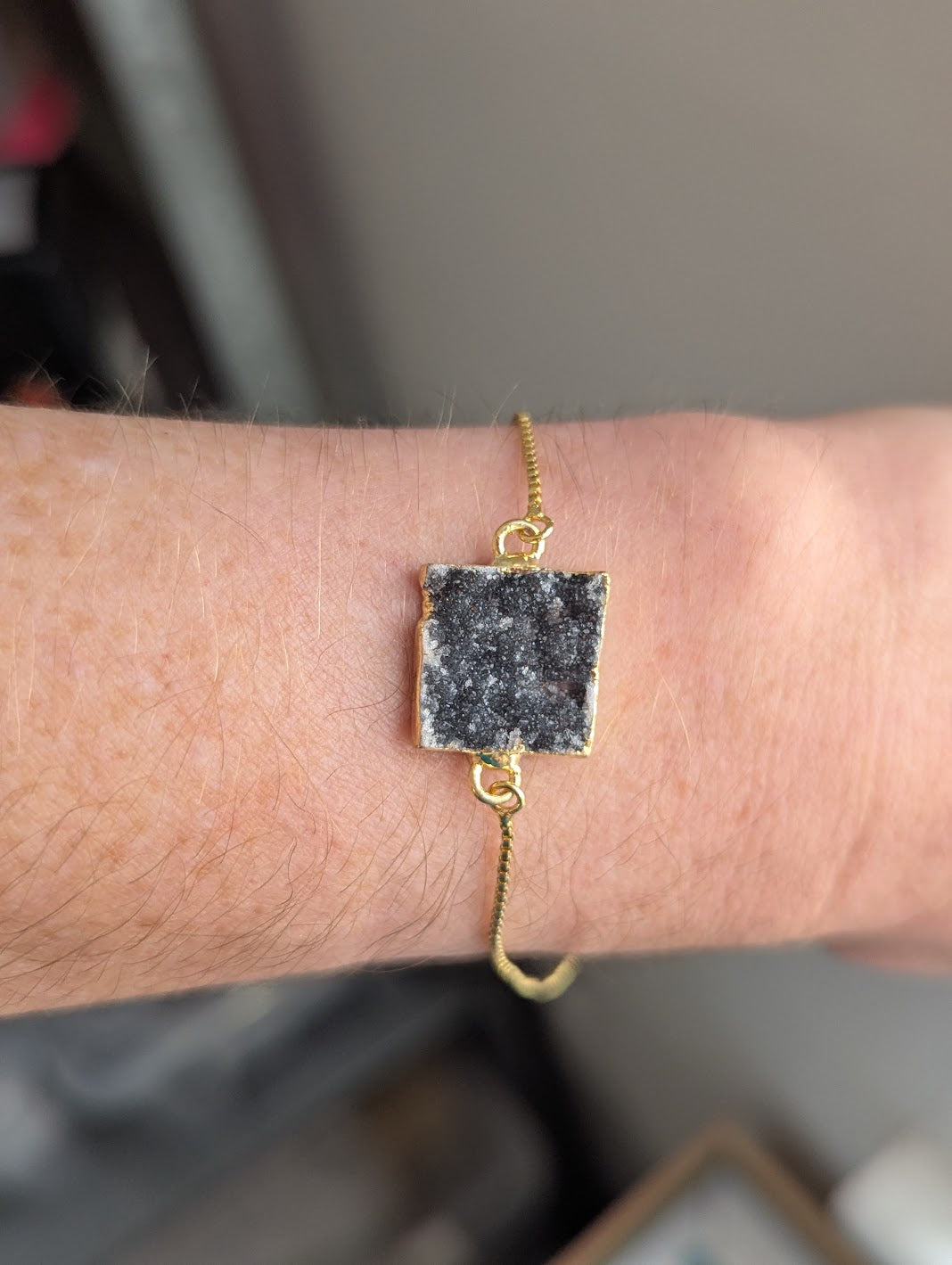 Black Druzy Square Gold Slider Bracelet
