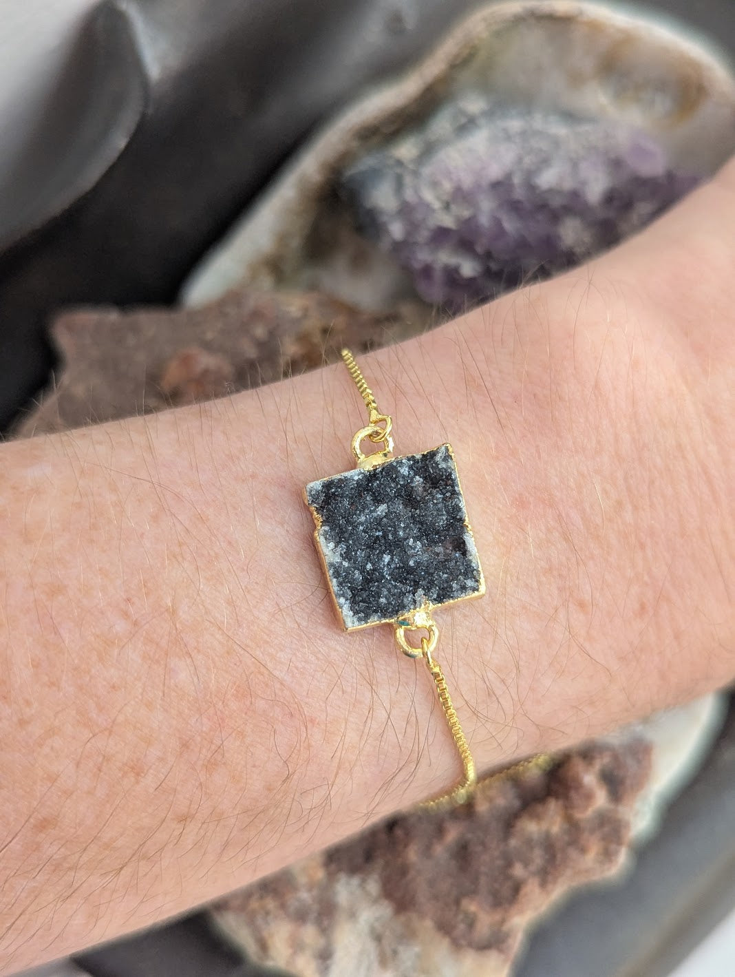Black Druzy Square Gold Slider Bracelet