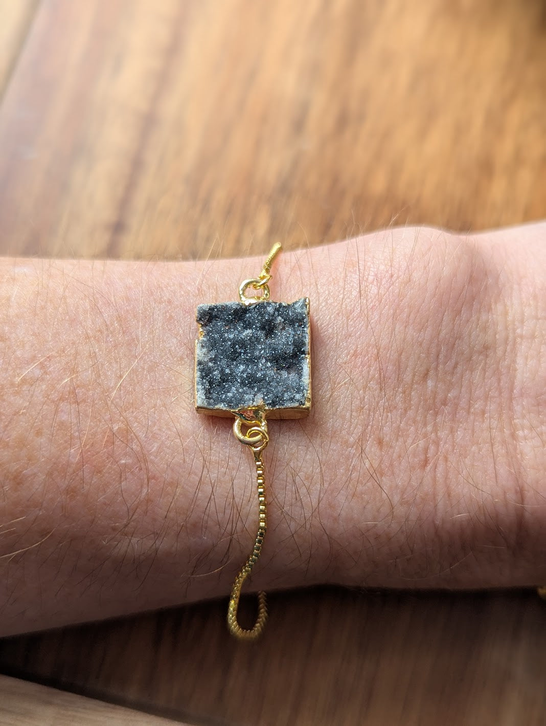 Black Druzy Square Gold Slider Bracelet