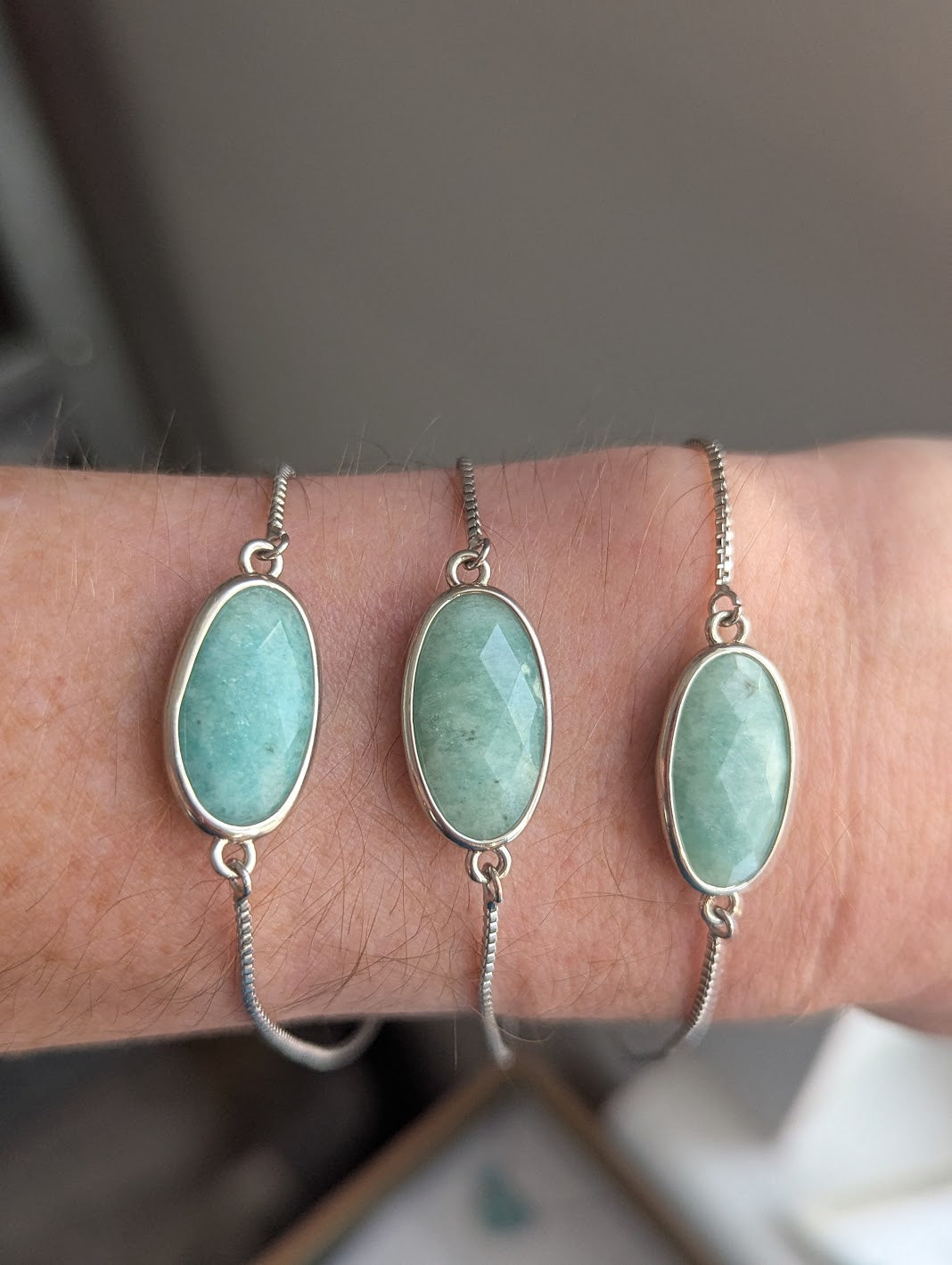 Faceted Amazonite Oval Silver Slider Bracelet