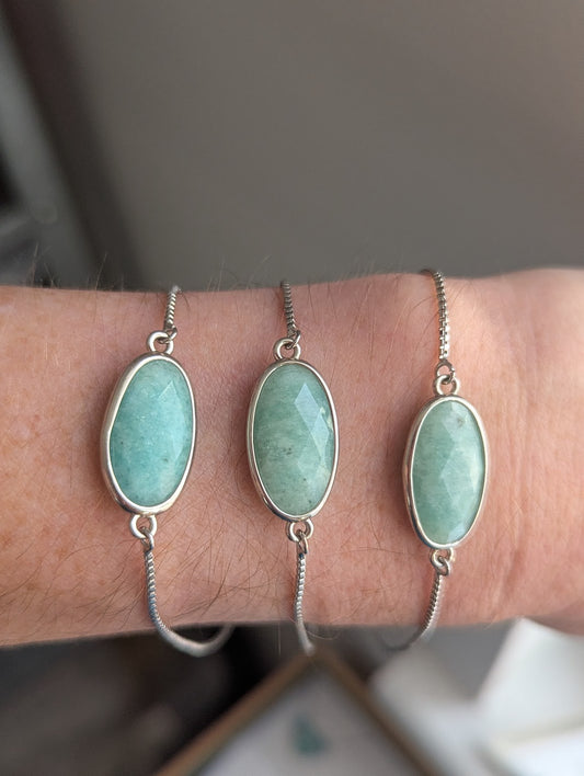 Faceted Amazonite Oval Silver Slider Bracelet