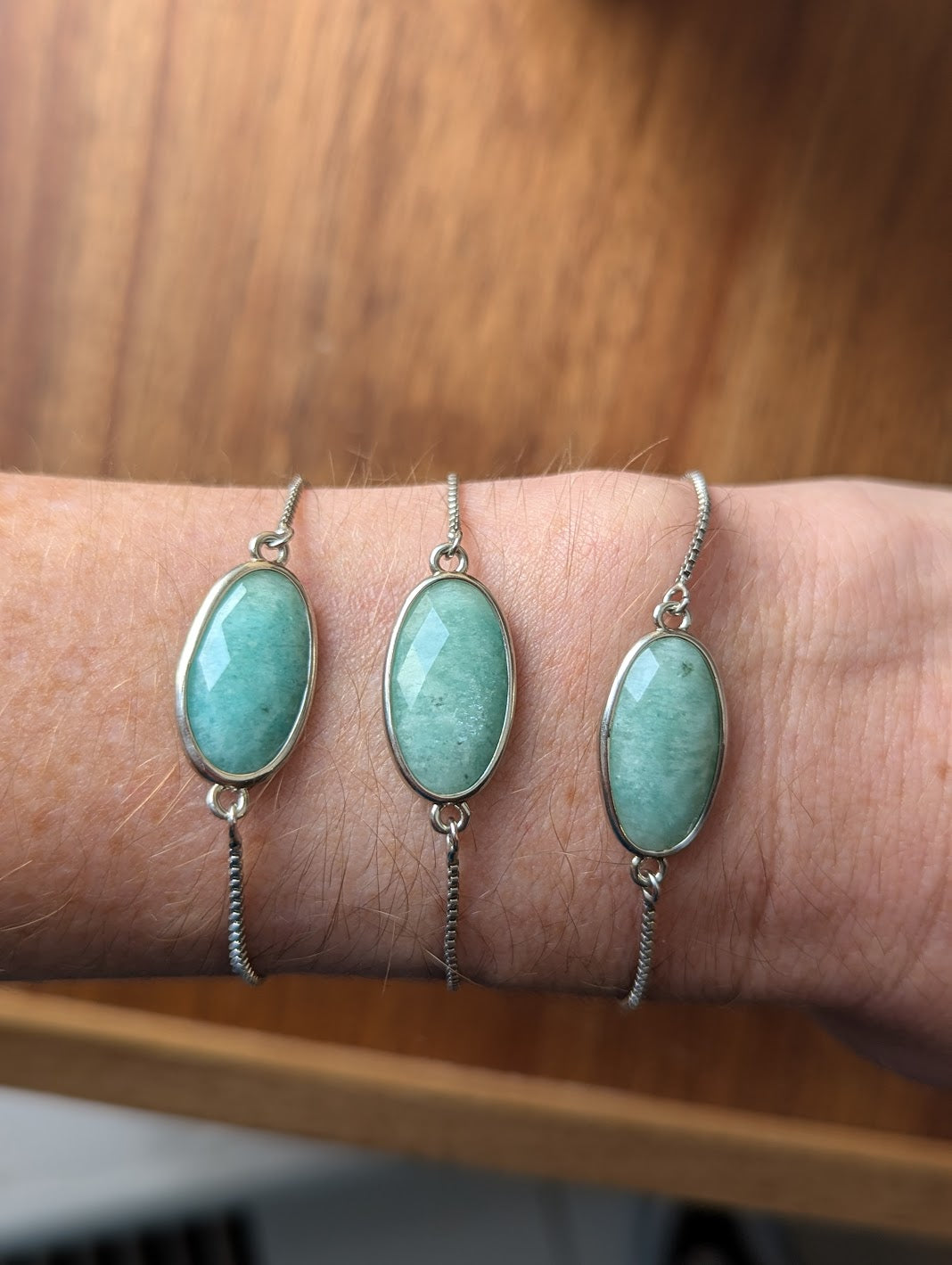 Faceted Amazonite Oval Silver Slider Bracelet
