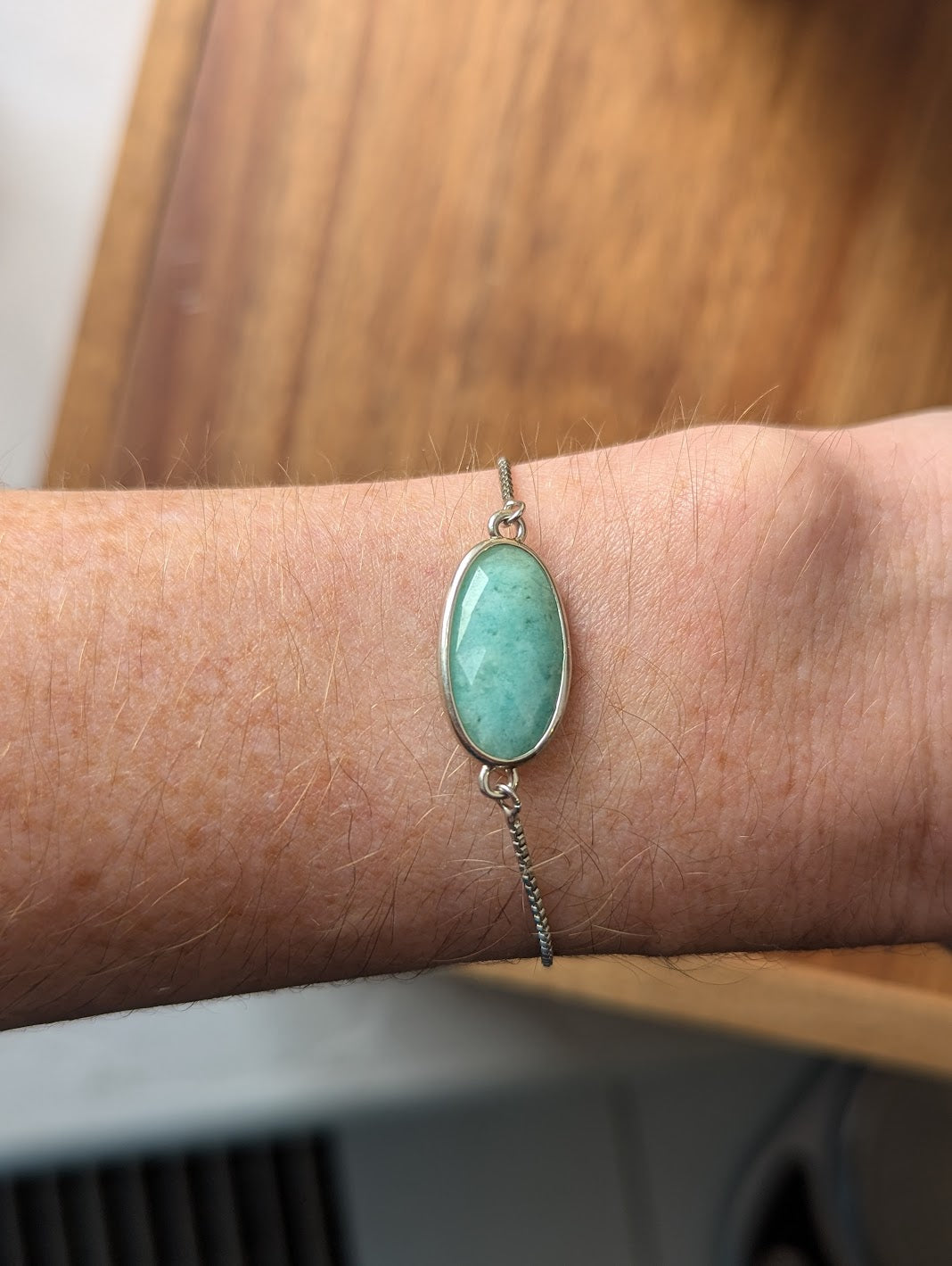 Faceted Amazonite Oval Silver Slider Bracelet
