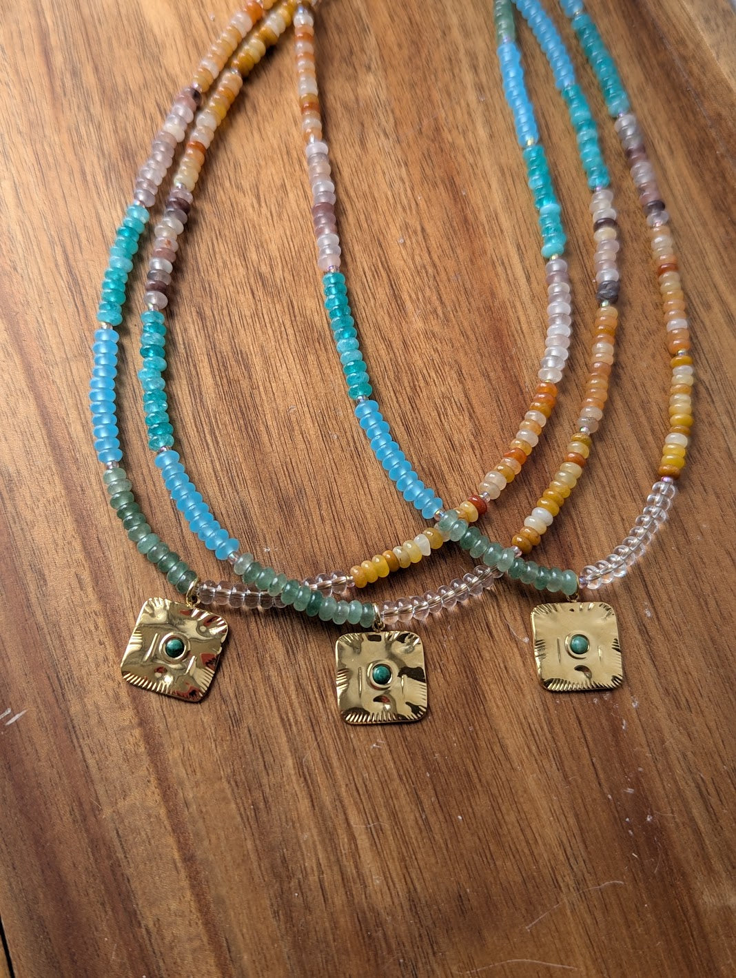 Mixed Small Rondelle Gemstone Gold Square Pendant