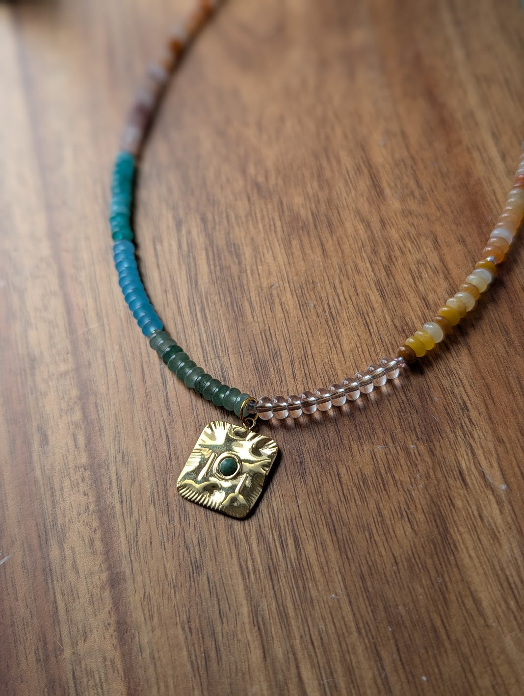 Mixed Small Rondelle Gemstone Gold Square Pendant