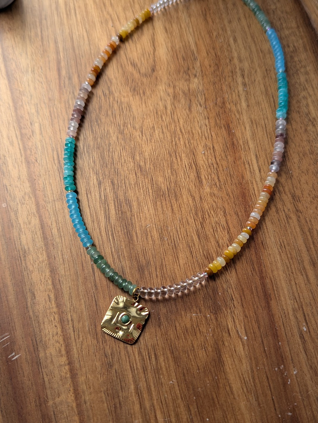 Mixed Small Rondelle Gemstone Gold Square Pendant
