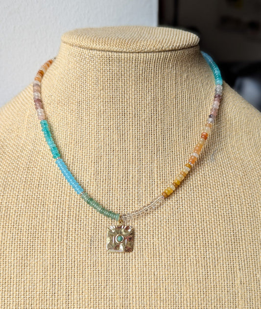 Mixed Small Rondelle Gemstone Gold Square Pendant