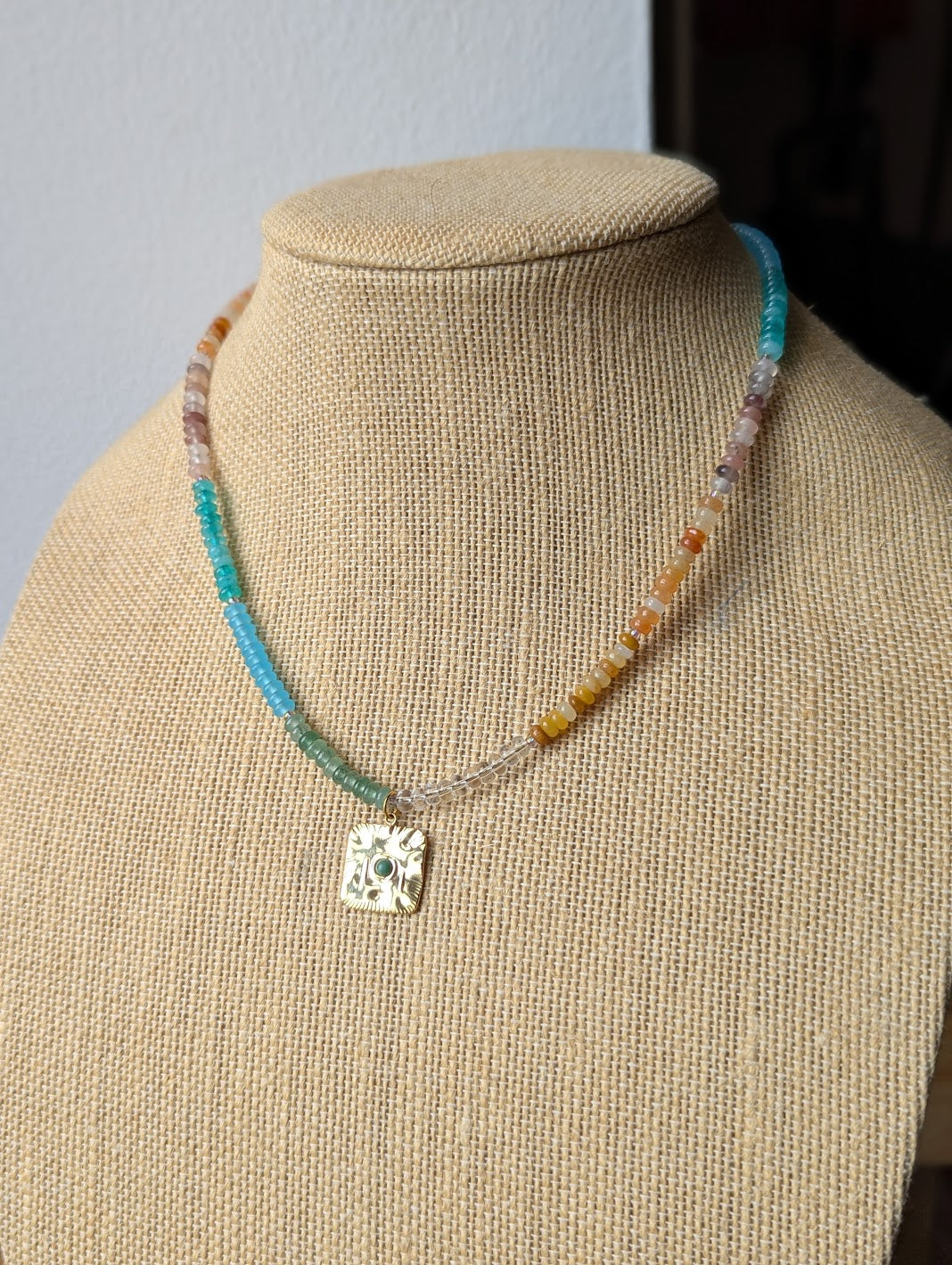 Mixed Small Rondelle Gemstone Gold Square Pendant