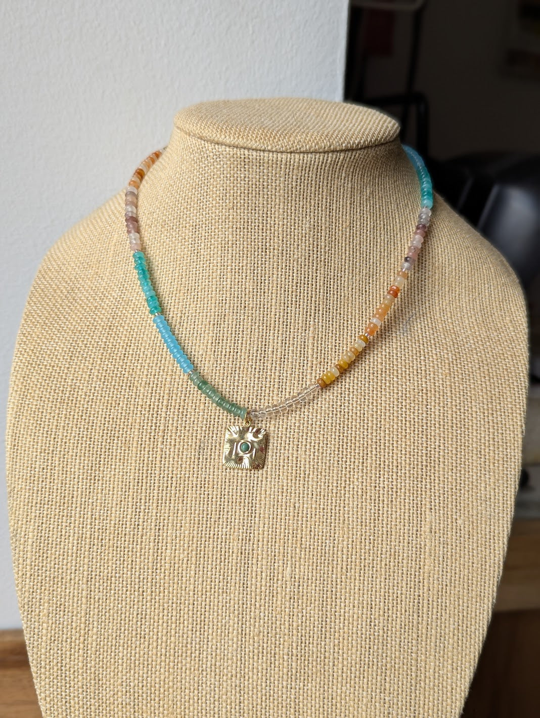 Mixed Small Rondelle Gemstone Gold Square Pendant