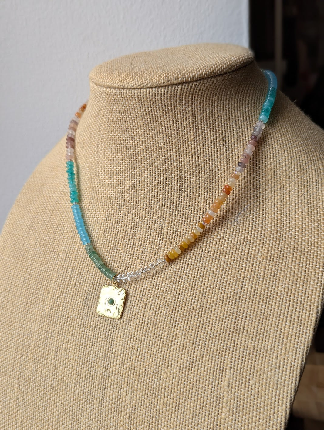Mixed Small Rondelle Gemstone Gold Square Pendant