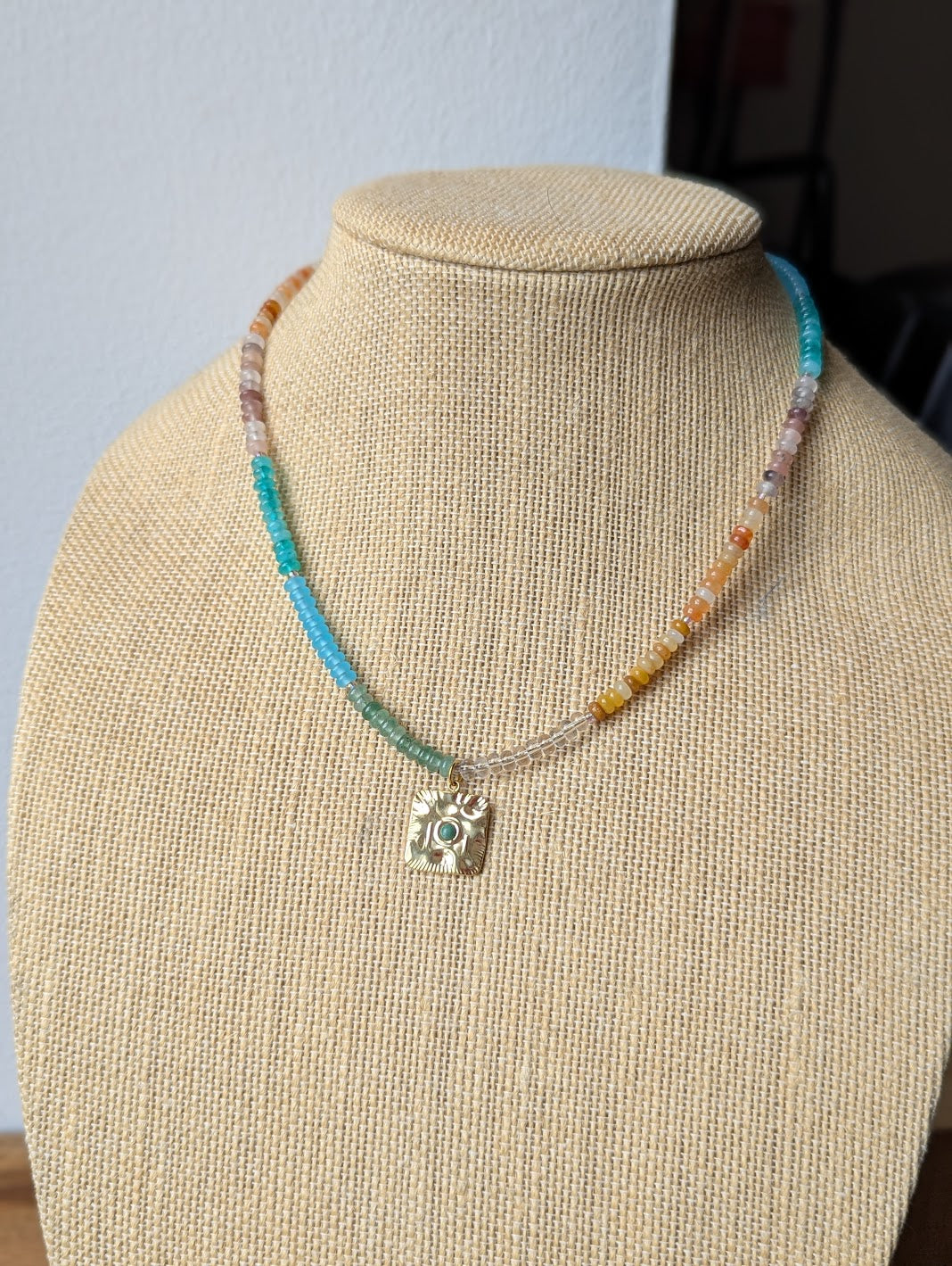 Mixed Small Rondelle Gemstone Gold Square Pendant