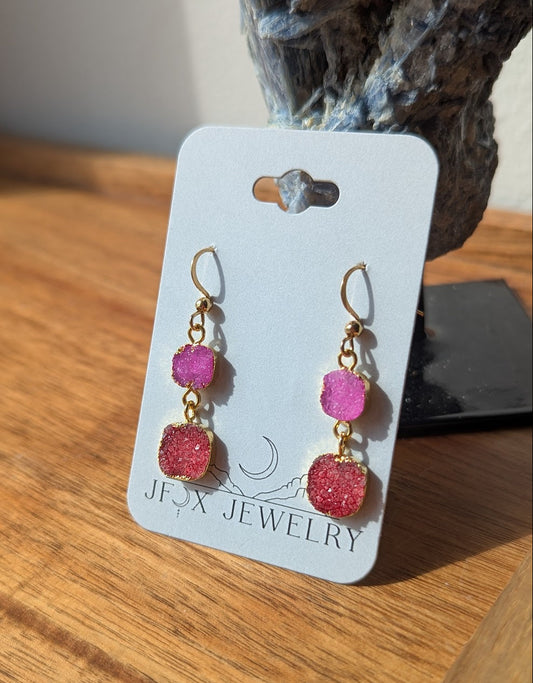 Red and Pink Druzy Duo Gold Earrings