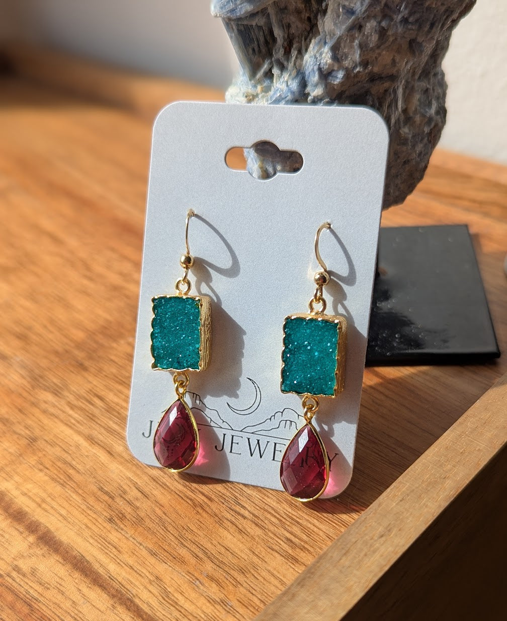Green Druzy and Red Crystal Duo Gold Earrings