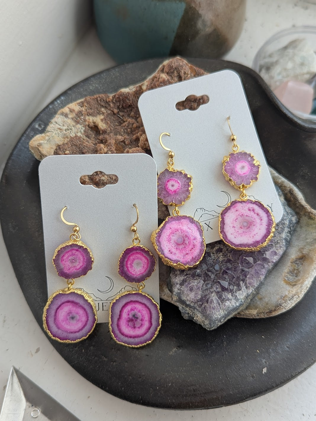 Hot Pink Agate Slice Duo Gold Earrings