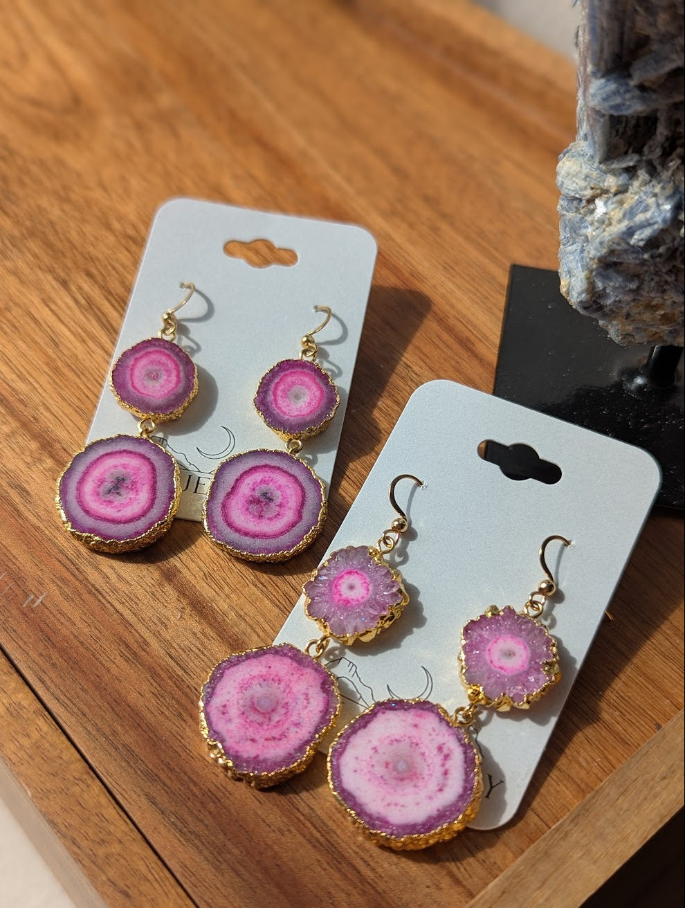 Hot Pink Agate Slice Duo Gold Earrings