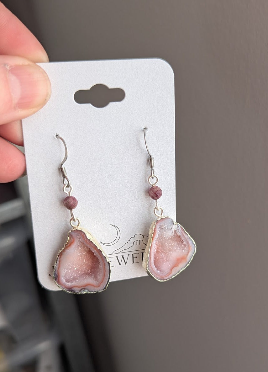 Pink Agate Slice Silver Earrings