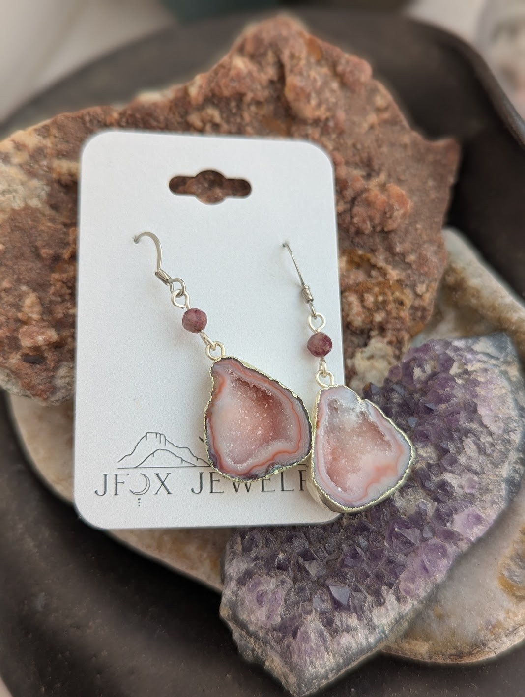 Pink Agate Slice Silver Earrings